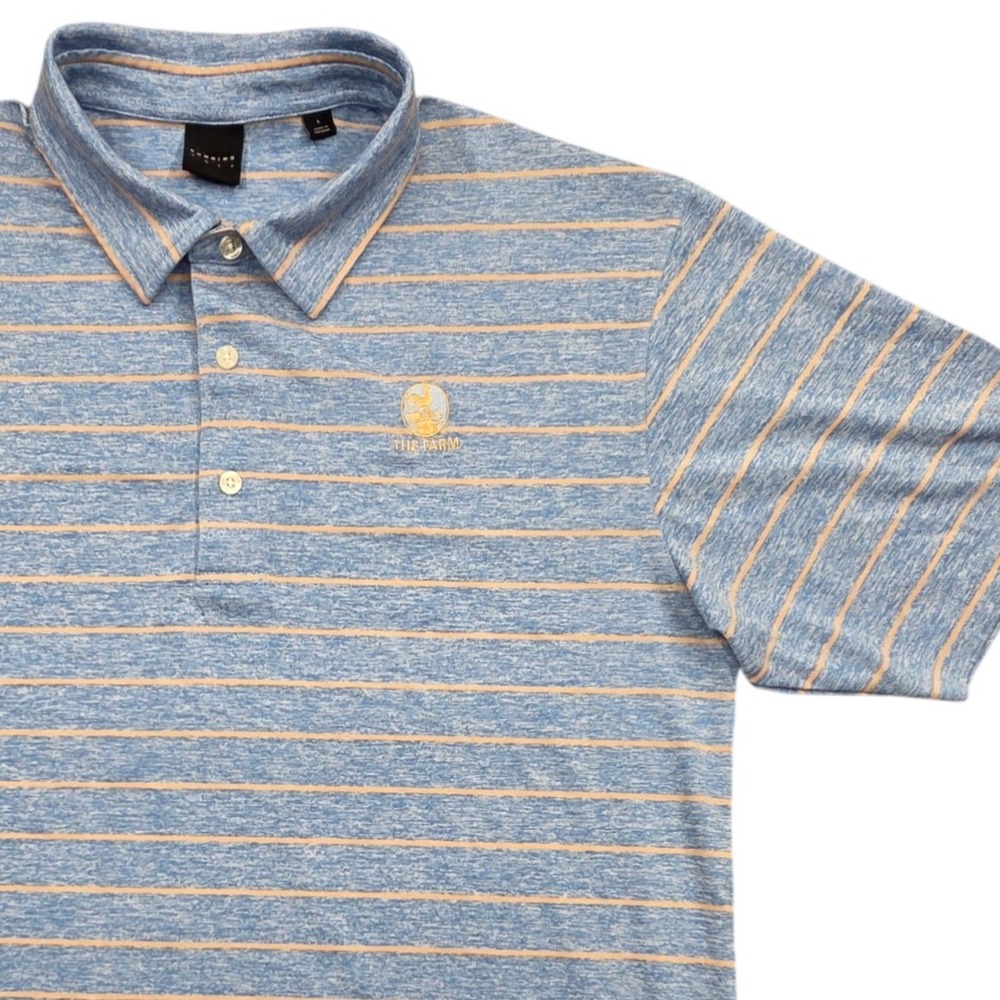 Dunning Golf Polo Shirt The Farm Golf Course Logo Blue Orange Striped Mens Large